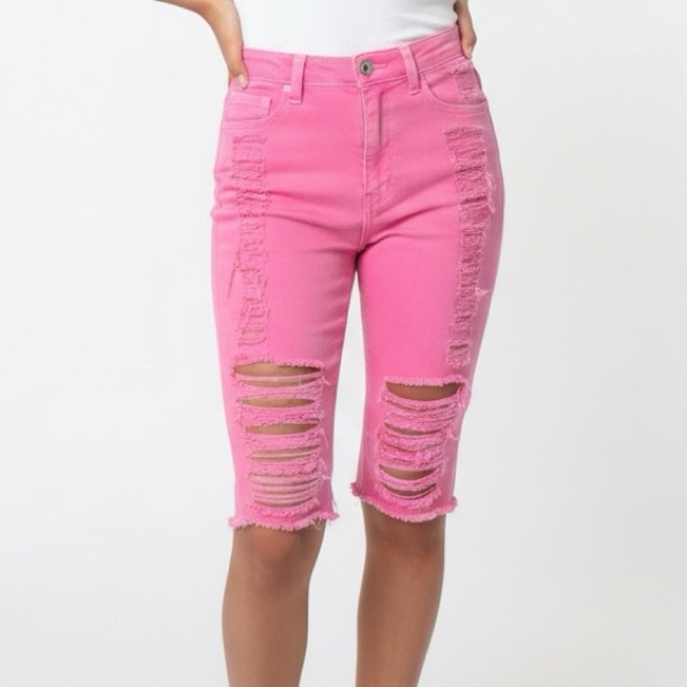 Fashion Nova Bright Pink HighRise Raw Hem Distressed Bermuda Shorts — Size 5